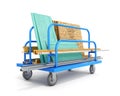 Blue trolley for long loads is loaded with different building materials, including gypsum boards, osb plates, metal and wooden