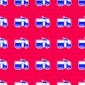 Blue Trolleybus icon isolated seamless pattern on red background. Public transportation symbol. Vector Royalty Free Stock Photo