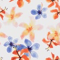 Blue Tropical Exotic. White Seamless Leaves. Red Pattern Plant. Azure Flower Texture. Gray Spring Design. Flora Design.
