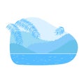 Blue tropical landscape with sea and palm leaves, calm scenery and nature view vector illustration. Serene tropical Royalty Free Stock Photo