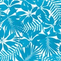 Blue tropical leaves seamless pattern