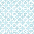 Blue tropical pattern with Hawaiian quilt and summer icons.