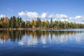 Blue trout lake with trees in autumn color in northern Minnesota on a sunny day Royalty Free Stock Photo