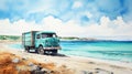 Truck Watercolor Painting: Nostalgic Coastal Scene With Emerald And Azure Tones