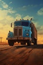 Blue truck driving down dirt road under cloudy sky. Generative AI Royalty Free Stock Photo