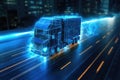 blue truck with a glowing trailer on the city highway. cyber image concept. Generative AI