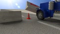 Blue truck hits concrete roadblock on a sunny day pushing away t