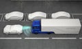 Blue truck stopped by automatic braking system