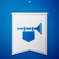 Blue Trumpet with flag icon isolated on blue background. Musical instrument trumpet. White pennant template. Vector Royalty Free Stock Photo