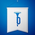 Blue Trumpet icon isolated on blue background. Musical instrument. White pennant template. Vector Royalty Free Stock Photo