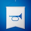 Blue Trumpet icon isolated on blue background. Musical instrument trumpet. White pennant template. Vector Royalty Free Stock Photo