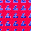 Blue Tsunami icon isolated seamless pattern on red background. Flood disaster. Stormy weather by seaside, ocean or sea