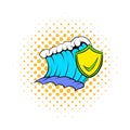 Blue tsunami wave and yellow shield with tick icon