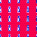 Blue Tube of toothpaste icon isolated seamless pattern on red background. Vector Royalty Free Stock Photo
