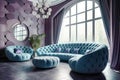 Blue tufted curved sofa, pouf and lounge chair against violet paneling wall and arched window. Art deco style home interior design