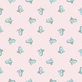 Blue tulip buds geometric seamless pattern in hand drawn style. Pastel pink background. Doodle print Royalty Free Stock Photo