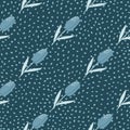 Blue tulip flowers seamless doodle pattern. Navy blue dotted background. Pastel tones floral artwork