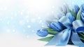 Blue tulips bouquet with ribbon bow on light background with bokeh. Banner with copy space. Ideal for poster, greeting Royalty Free Stock Photo