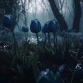 Blue tulips in a foggy forest, 3D illustration.