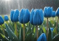 Blue tulips Spring flowers blooming in drops of water on the background of rain drops. Ai generated Royalty Free Stock Photo