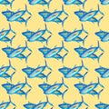 Blue tuna fish on a yellow background. Seamless pattern. Watercolor illustration. For menu design, print on textiles, packaging