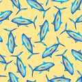 Blue tuna fish on a yellow background. Watercolor illustration. Sea fish. Seamless patterns for backgrounds, packaging, textiles