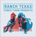 blue turkey with chicken on the background of a traditional red farm. Farm products. Stamp. Risograph effect. Vector flat