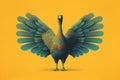 blue turkey over yellow background, thanksgiving concept.