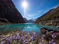 Blue turquoise alpine mountain lake Laguna Paron boat flower reflection in Caraz Huaraz Ancash Cordillera Blanca Peru Royalty Free Stock Photo