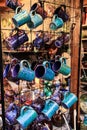 Blue and turquoise coffee mugs in shop