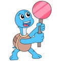 A blue turtle holding a blank signboard template. doodle icon image kawaii