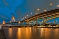 Blue twilight twin suspension bridge water front