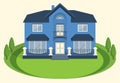 A blue two-story mansion with a balcony and large windows.Vector