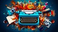 Blue typewriter surrounded by lot of different types of typewriters. Generative AI Royalty Free Stock Photo