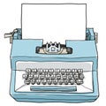 Blue typewriter vintage toy with paper cute hand drawn art illus