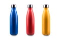 Blue or ultramarine, red and yellow steel thermo bottle for water isolated on white background. Royalty Free Stock Photo