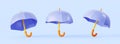 Blue umbrella 3d render icon set. Cartoon mockup parasol with wooden handle for rain or sun protection in different