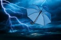 Blue umbrella is flying away Royalty Free Stock Photo