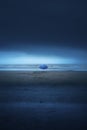 blue umbrella in a gloomy beach, AI generated