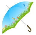 Blue umbrella with grass, flowers and butterflies