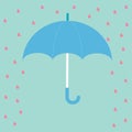 Blue umbrella with rain hearts. Love card. Flat design. Royalty Free Stock Photo