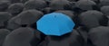 Blue umbrella stand out from the crowd of many black umbrellas. being different concept Royalty Free Stock Photo