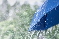 Blue umbrella under heavy rain against nature background. Rainy weather concept Royalty Free Stock Photo
