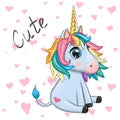 Blue unicorn pony sitting. Cute baby card, baby with big eyes Royalty Free Stock Photo