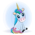 Blue unicorn pony sitting. Cute baby card, baby with big eyes Royalty Free Stock Photo