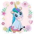 Blue unicorn pony sitting. Cute baby card, baby with big eyes Royalty Free Stock Photo