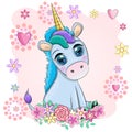 Blue unicorn pony sitting. Cute baby card, baby with big eyes Royalty Free Stock Photo