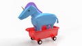 The blue unicorn on red cart for start up concept 3d rendering