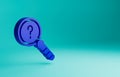 Blue Unknown search icon isolated on blue background. Magnifying glass and question mark. Minimalism concept. 3D render