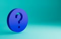 Blue Unknown search icon isolated on blue background. Magnifying glass and question mark. Minimalism concept. 3D render